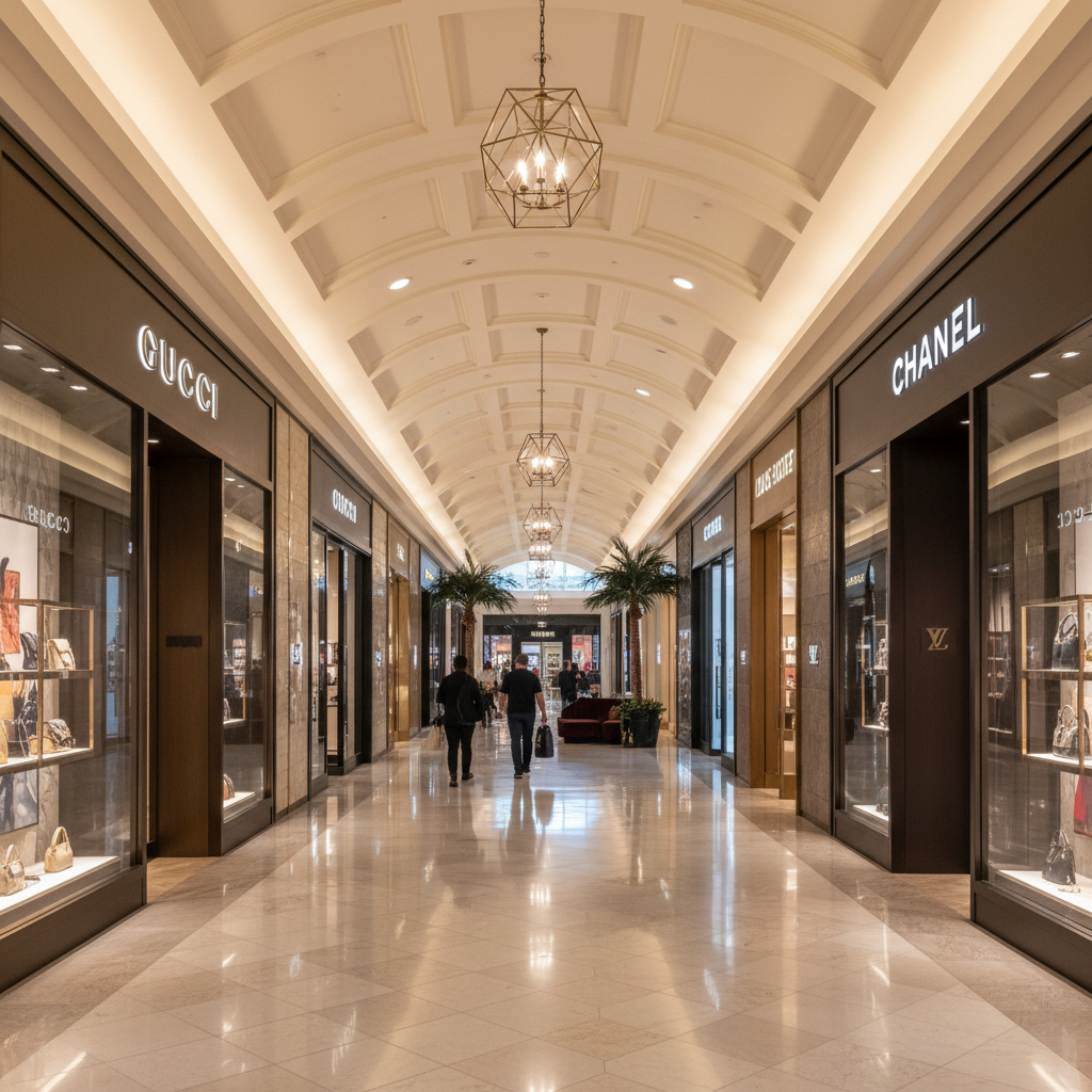 Luxury shopping corridor at Aventura Mall showing designer storefronts with elegant lighting and marble floors