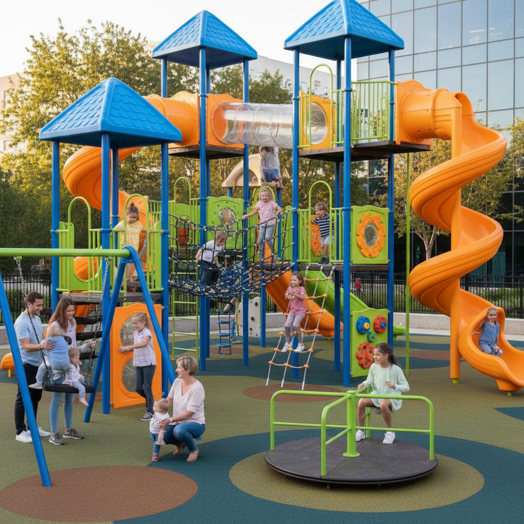 Families enjoying the multi-level Adventure Zone playground with colorful climbing structures and interactive play areas