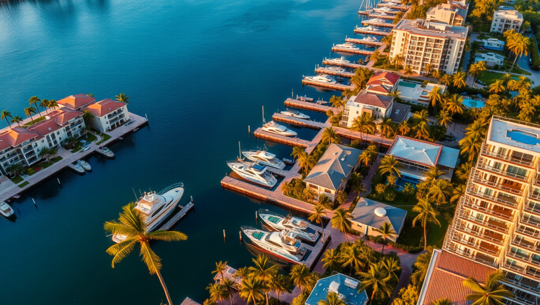 Luxury waterfront homes and condominiums along the Intracoastal Waterway in Aventura, Florida