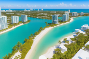 Luxury high-rise condominiums in Aventura Florida with turquoise ocean views and marina, aerial real estate photography