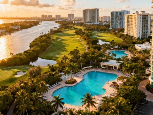 Luxury resorts and waterways in Aventura, Florida.