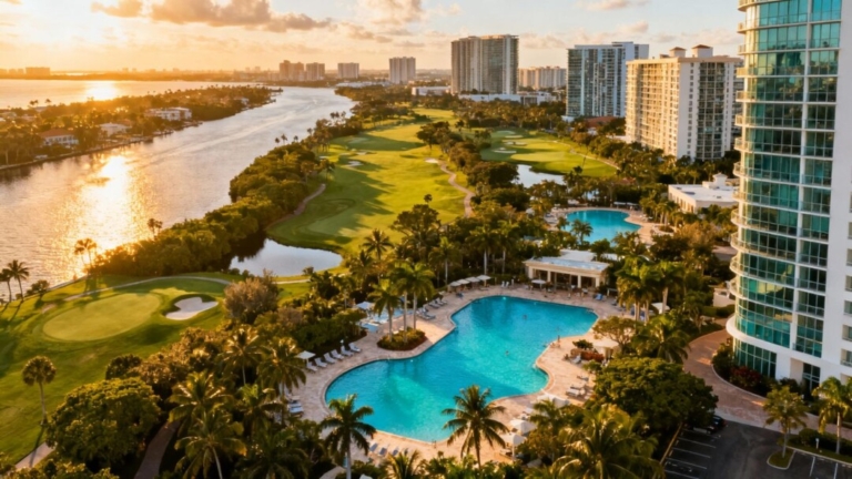 Luxury resorts and waterways in Aventura, Florida.